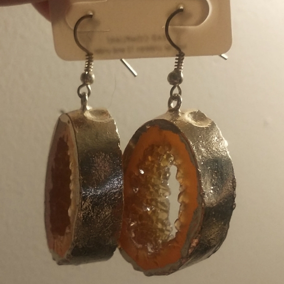 MODE Druzy Geode Sliced +Hallowed Citrine Drop Earrings Encased Gold-tone Enamel - Picture 2 of 10